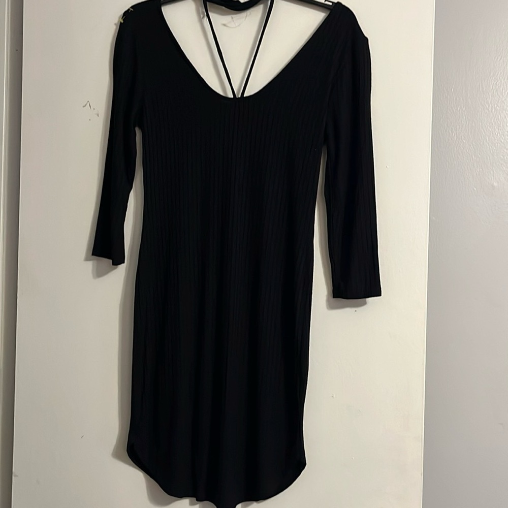 Heart & Hips Black Ling Slv T Shirt ribbed V Neck Midi Dress Sz Med